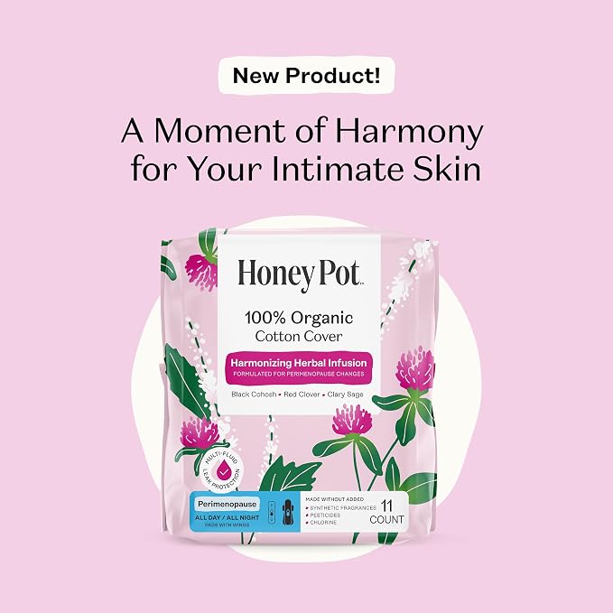 Honey Pot - Perimenopause All Day All Night Pads for Women - 100% Organic Cotton Top Sheet - Feminine Care - Multi-Fluid Absorbency - Harmonizing Herbs of Black Cohosh, Clary Sage, & Red Clover - 11ct