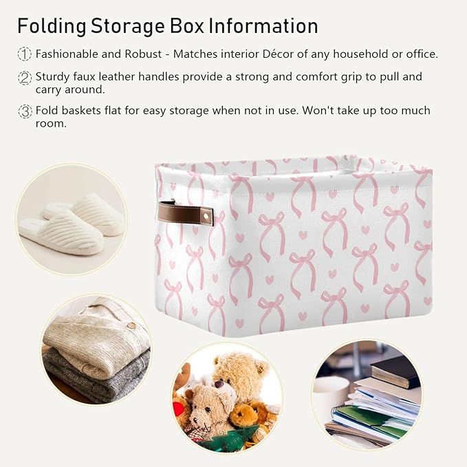 Aslsiy Storage Basket Cute Coquette Pink Bow Nursery Bins White Baby Box Canvas Clothes Shelf Basket Laundry Hamper 1 Pcs