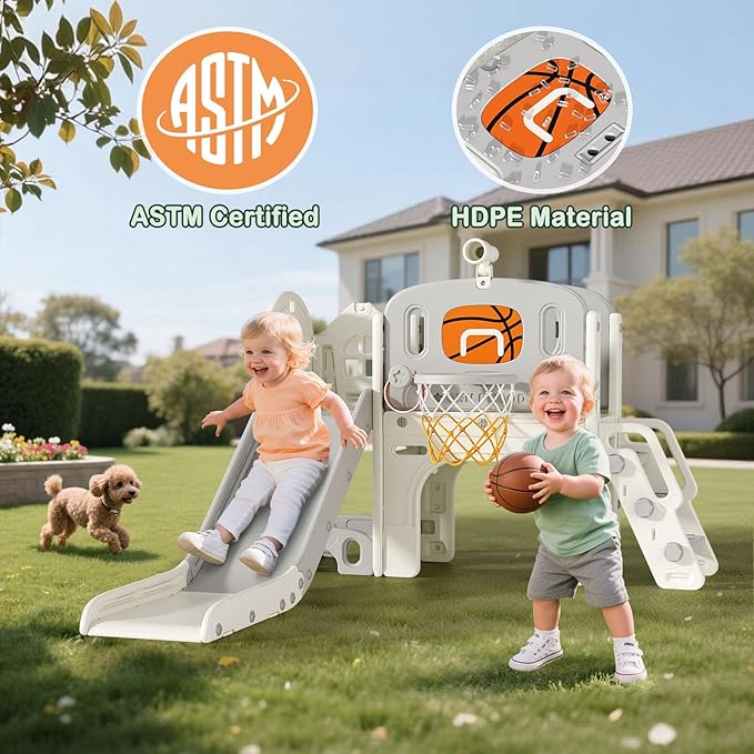 BIERUM 9 in 1 Toddler Slide Set - Baby Slide for Toddlers 1-3 with Ring Toss and Basketball Hoop, Indoor Outdoor Toddler Playset Playground Beige Gray