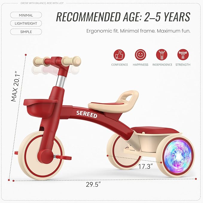 SEREED Colorful Lighting Toddler Tricycle for 2-5 Years Old Boys Girls, Adjustable Seat&Handlebar Trike, Removable Basket, Birthday Gift Idea for Kids Ages 2+ (Red)