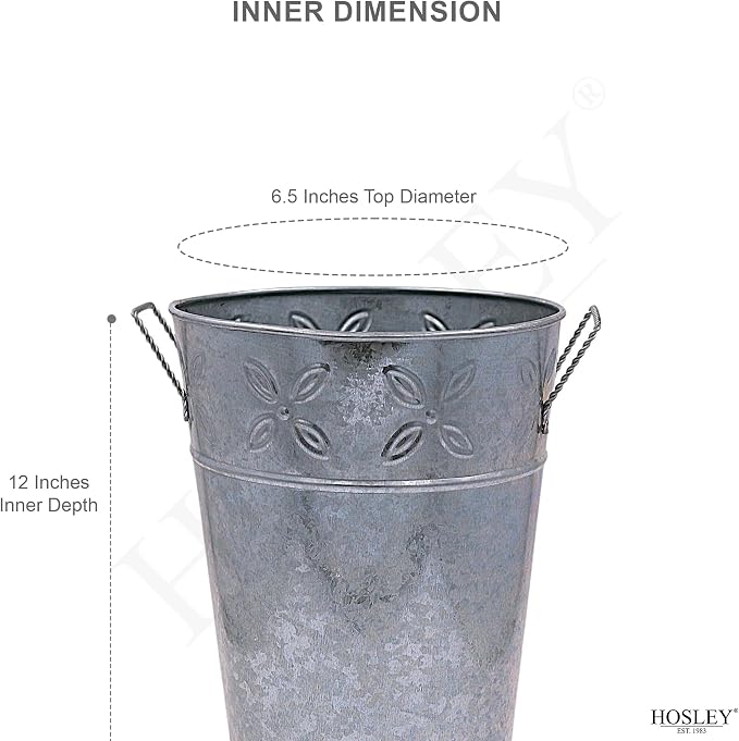 Hosley Set of 3 Galvanized Metal Vases, 12” Tall x 6.5” Dia French Bucket Style, Rustic Farmhouse Flower Vase for Weddings, Events, Home Décor