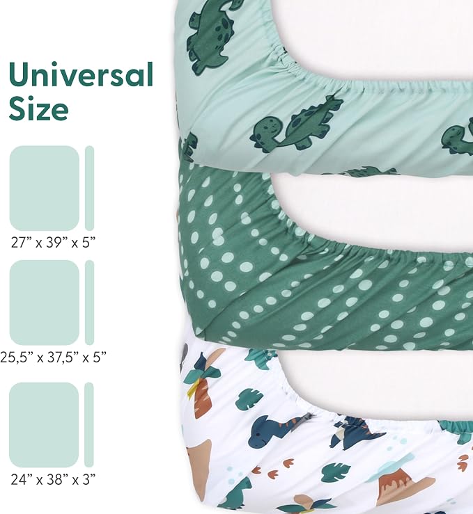 The Peanutshell 3-Pack Fitted Playard Sheets - Soft & Breathable Baby Boy Mini Crib Sheets, Pack N Play Mattress, Fits Standard Playard Pack Play Mattresses - Green Dino