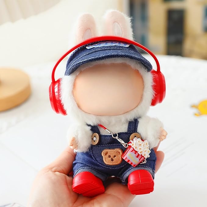 Clothes for Dolls Accessories, Stylish Kawaii Overalls Outfit Headphones Set 5 Pieces Suitable for 15cm 17cm Doll , Doll Hat Headset Boots Clothing Set Replacement