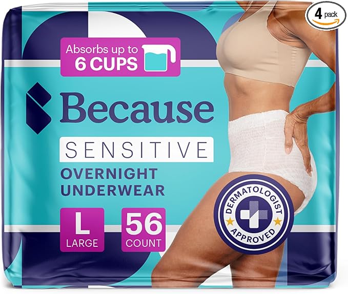 Because Adult Incontinence Underwear for Sensitive Skin - Women - Premium Overnight Disposable Briefs, Anti Odor - White, Large - Absorbs 6 Cups - 56 Count (4 Packs of 14)