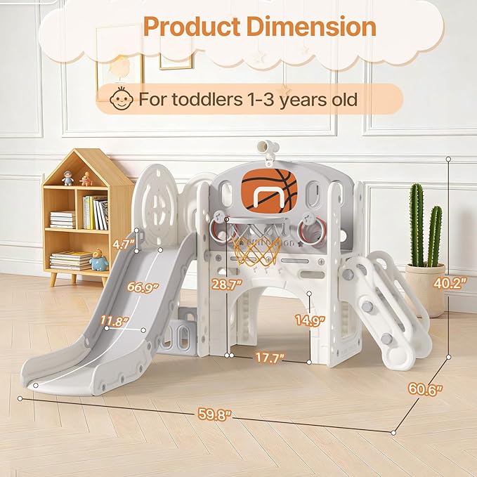 BIERUM 9 in 1 Toddler Slide, Kid Slide for Toddlers Age 1-3 with Ring Toss, Basketball Hoop, and Telescope, Indoor Outdoor Playset Playground Beige Gray