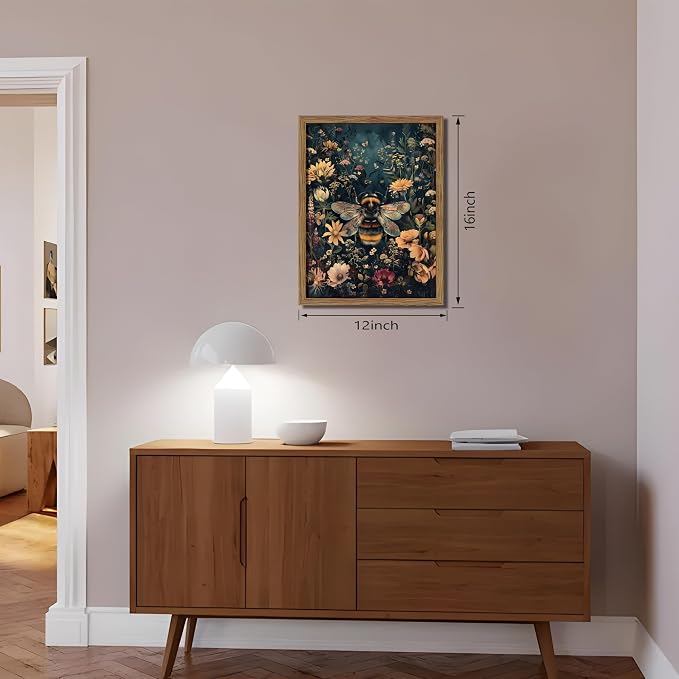 Vintage Framed Wall Art Bee Canvas Prints, Dark College Animals Flowers Wall Decor, Nature Botanical Pictures Art Home Decor for Living Room Bedroom – Dark Wooden Frame 12x16in