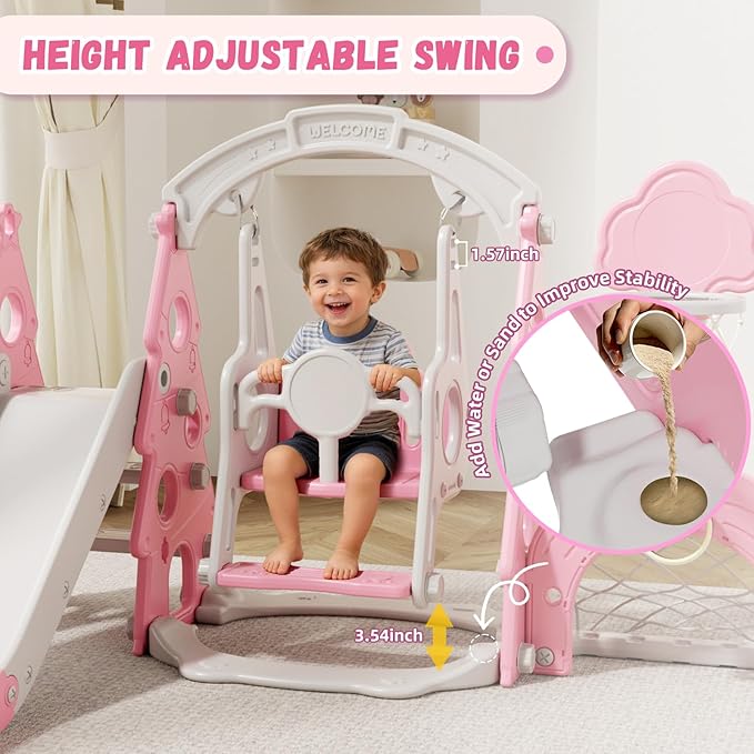 XJD 6-in-1 Toddler Slide and Swing Set, Kids Slide for Toddlers Age 1+, Toddler Outdoor Playset with Basketball Hoop, Football Frame, Swing, Christmas Birthday Gifts for Kids (Light Pink)