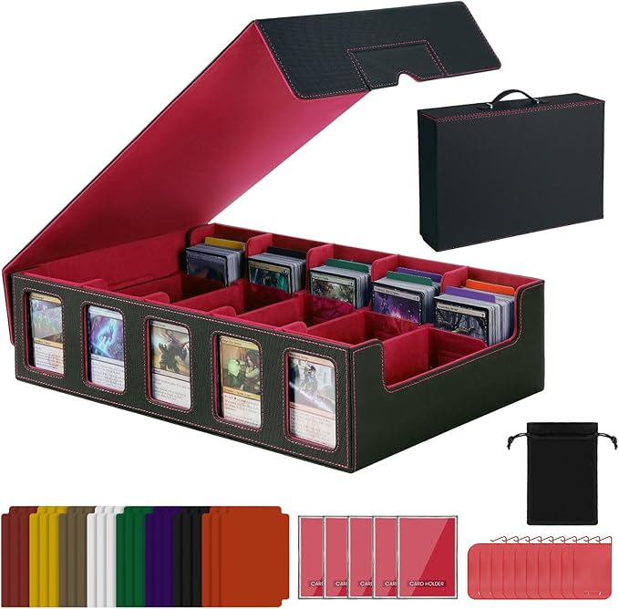 Red Trading Card Storage Box with Handle,5-Row Portable Deck Case for 4000+ Cards, Leather Card Collection Case with Commander Display Window for MTG, Yugioh, and Sports Cards,Gifts for Card Collector