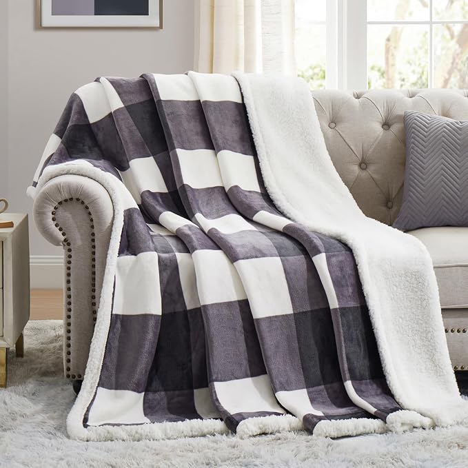 PU MEI Sherpa Blanket Fleece Throw Blanket Twin Plaid Thick Bed Blanket, Soft Warm Cozy Dark Grey Checkered Throw Blanket 60"*80"