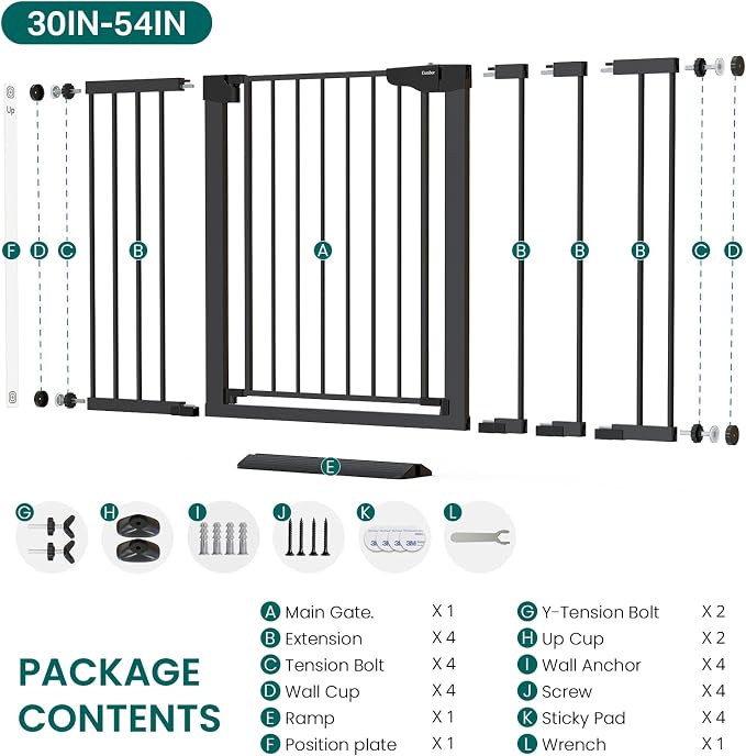 Cumbor 30-54" Extra Wide Baby Gate for Stairs, Dual Lock & Self-Closing Dog Gate Indoor, Easy Install Pet Gate for Doorways, Hallways & Kitchen, Easy Walk Thru Safety Proofing for Babies & Pets, Black