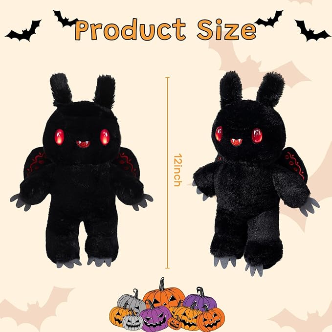 Mothman Plush Toy Halloween Stuffed Animals Cryptid Plush with Red Eyes and Embroidered Wings Gifts Collection Decor for Kids Adults Black 12 Inch
