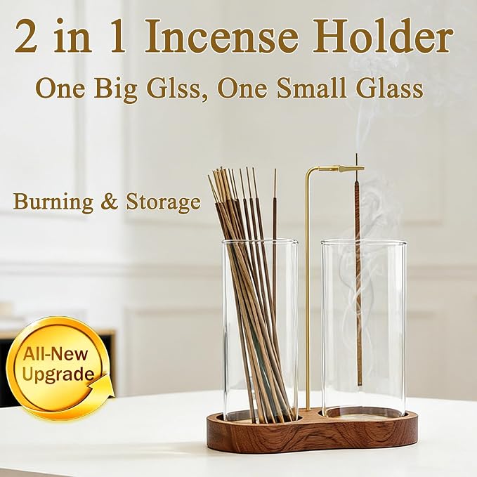 Ceremony Incense Holder, 2 in 1 Wooden Incense Holder for Sticks | Anti-ash Incense Burner with Glass Ash Catcher for Meditation Yoga Spa Room Decor