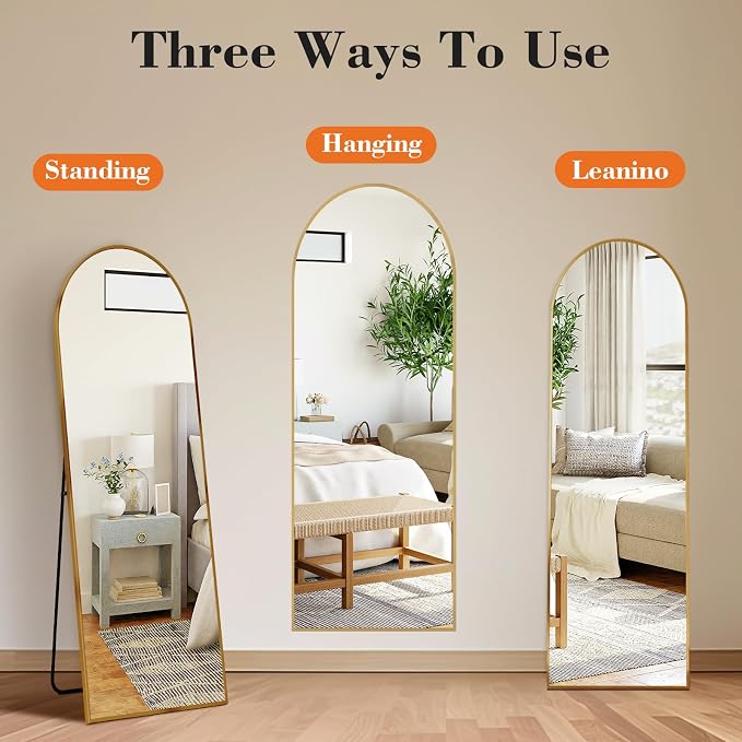 OLIXIS Arched Full Length Mirror with Stand, Full Body Mirror, 60x16 | Hanging or Leaning Wall, Aluminum Alloy Thin Frame, Floor Living Room Bedroom, Long, Gold