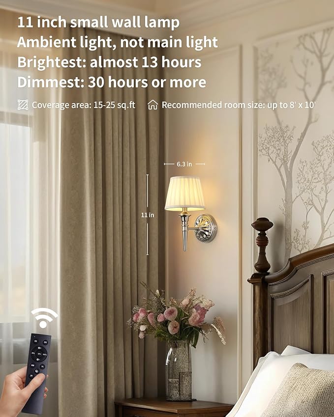 KDG Cordless Nickel Wall Sconces Set of 2, Beige Fabric Lampshde Wall Lamps | Small LED Wireless Portable Rechargeable Battery Lighting for Wall Painting, Living Room, Bedroom, Hallway, Gifts, Nightlight