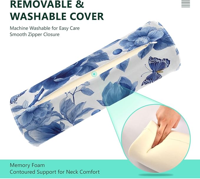 Blue White Flower Neck Roll Pillow Bolster Round Health Memory Foam Long Cervical Roll Cylinder Pillows with Removable Washable Cover for Body Bed Legs Back Yoga