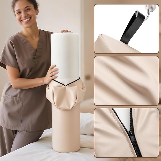Noverlife 3/4 Round Knee Bolster for Massage Table, 26x6x6 in Massage Pillow for Legs w/Strap Handle, PU Leather Massage Table Leg Bolster Massage Therapy Bolster Pillow for Back Pain Relief - Beige