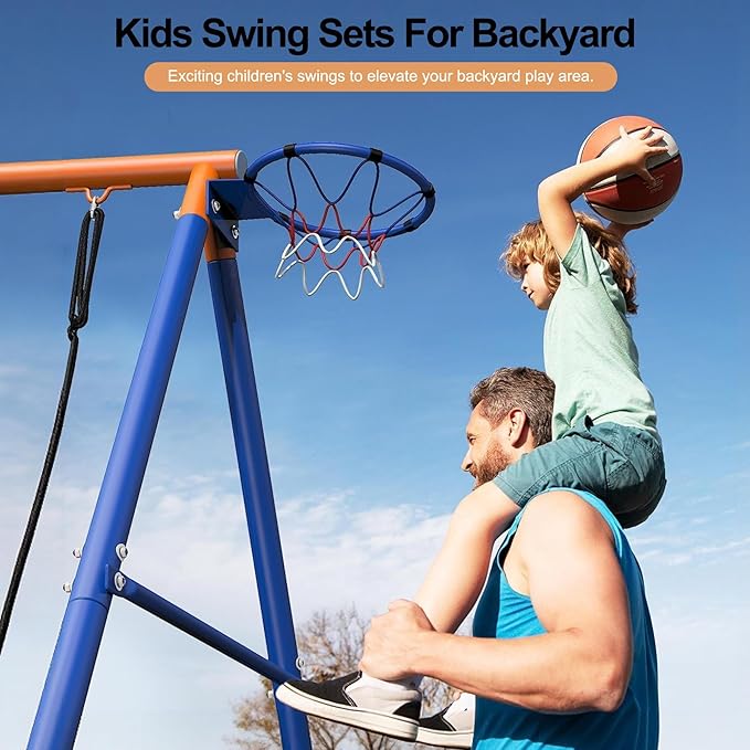 4-in-1 Heavy Duty Metal A-Frame Swing Set for Kids Backyard - 32" Saucer Swing, 55" Trampoline & Adjustable Basketball Hoop, Outdoor Playset Ages 3-12, 440lbs Capacity