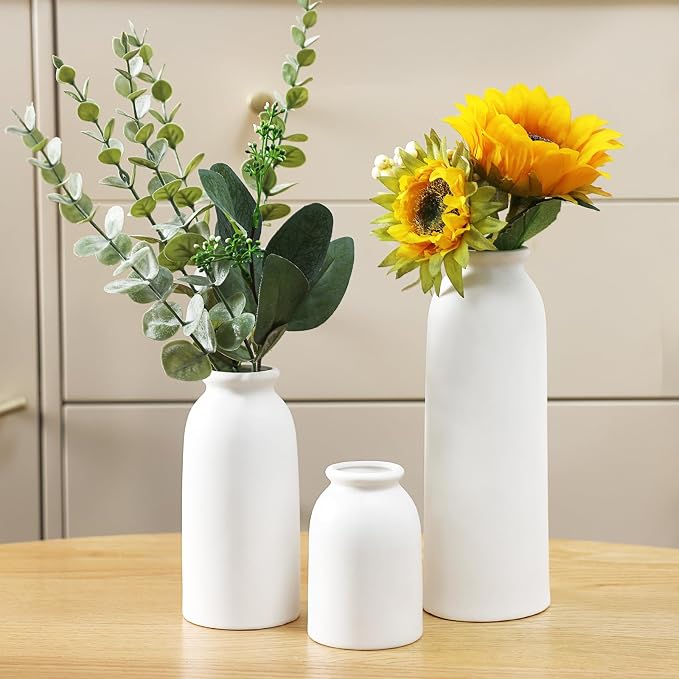 White Ceramic Vases Set of 3, Small Flower Decorative Vase Waterproof | Farmhouse Vases for Pampas Grass & Dried Flowers, Rustic Vase for Table Bookshelf, Living Room