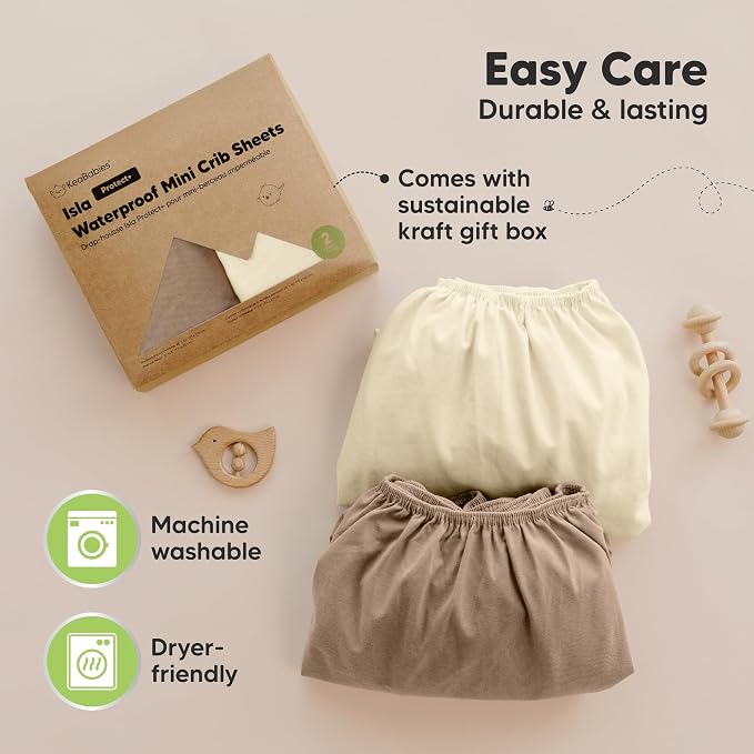 2-Pack Waterproof Pack and Play Sheets, Mini Crib Sheets Fitted for Boy, Girl - 38 x 26 Viscose from Bamboo Pack N Play Mattress Sheets for Graco, Toddler Playard Baby Crib Sheets Neutral (Latte)