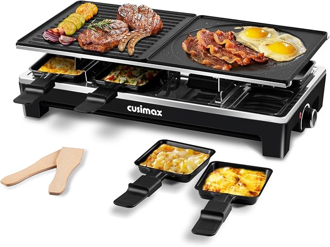 Electric Grill, CUSIMAX Indoor Grill 1500W Raclette Table Grill, Black | Reversible 2 in 1 Non-stick Grill & Griddle Plates/with 8 Paddles & Shovels/Adjustable Temperature/Portable & Easy to Clean