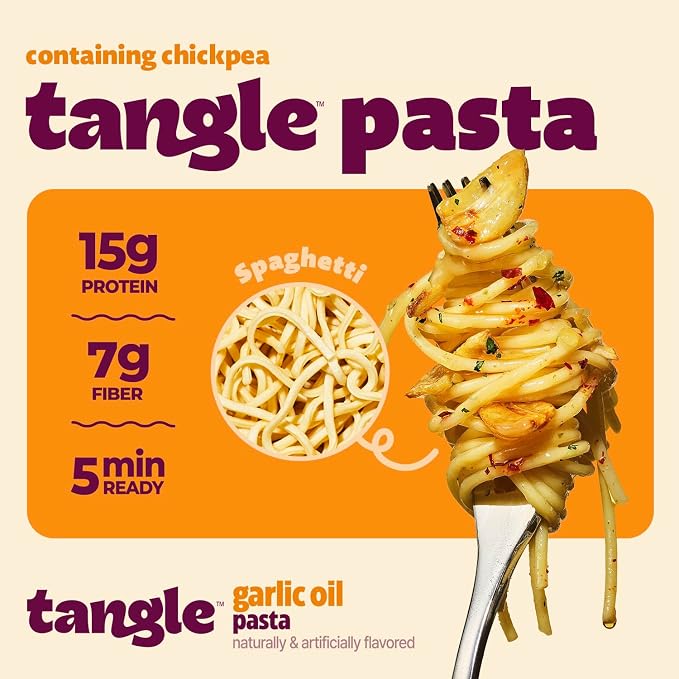 Tangle Garlic Oil Instant Pasta, 15g Protein Linguine, 6g Fiber, 4-Pack | 15g protein, 6g fiber per serving; Chickpea-based air-dried noodle; Roasted garlic and olive oil with a spicy kick