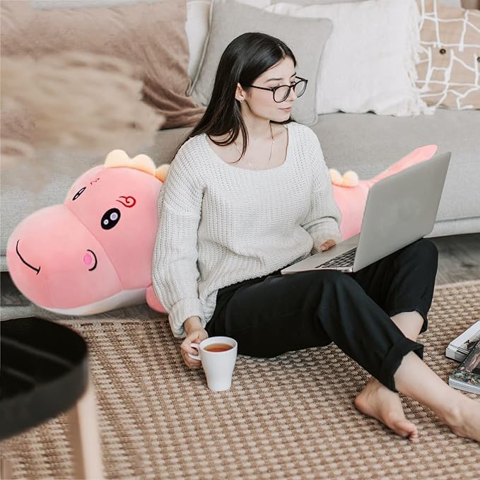 Cute Dinosaur Stuffed Animal Pillow, Soft Lumbar Back Cushion, Big Plushies, Great Gift for Kids Birthday, Valentine (Pink, 31.4in)