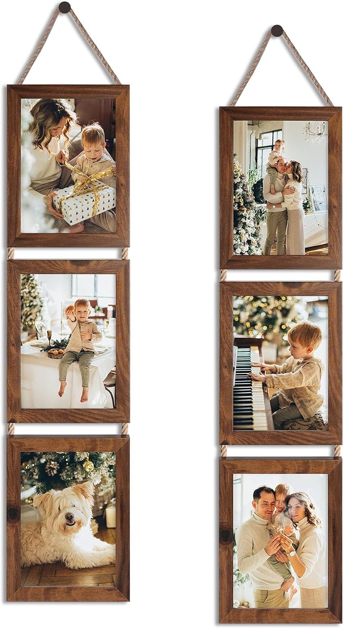 QUTREY 5x7 Collage Picture Frames, 6 Openings Hanging Photo Frame Set Display Vertical 5 by 7 inch Pictures for Wall Decor, Rustic Walnut Brown, 2 Pack