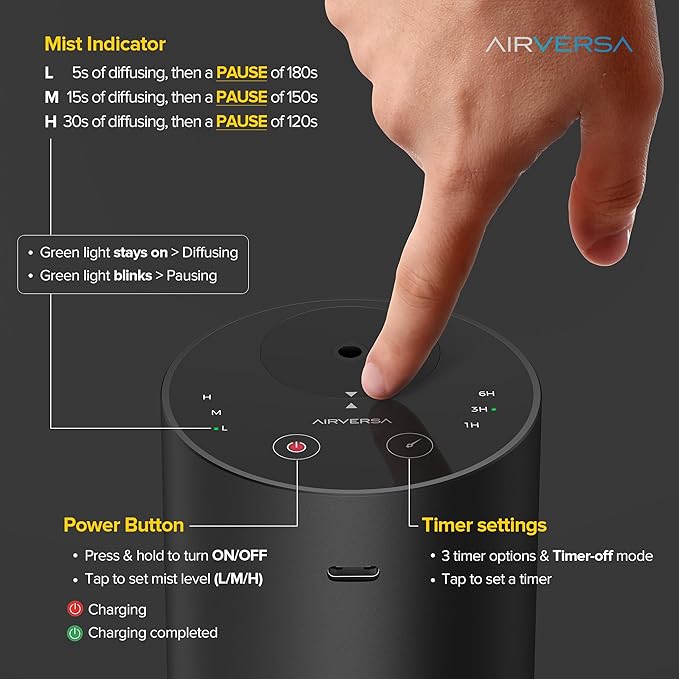 Airversa ADX Waterless Essential Oil Diffuser Starter Kit, Titanium | 4 x 10mL Fragrance Oi, Up to 600 sq ft, Battery Operated, Portable for Home Car Office, ADXKit-4x10-02