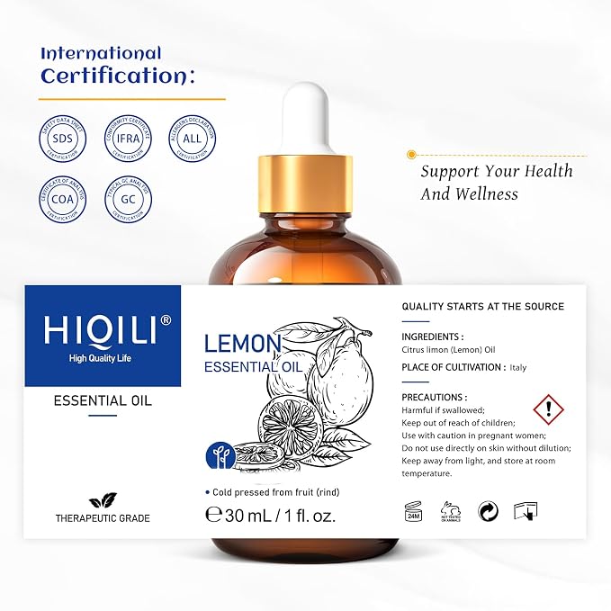 HIQILI Lemon Essential Oil for Cleaning, Skin, Diffuser - 1 Fl Oz/30ML | Creates a Fresh and Clean Atmosphere for Kitchen, Bath and More, Removes Odors and Stubborn Residue -30mL / 1.01 fl oz