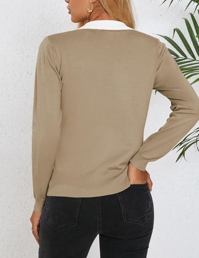 Women's Long Sleeve Classic V Neck Casual Fall Winter Polo Sweater Tops | Basic Collared Knitted Fashion Work Business Formal Daily Wear Versatile Pullover Shirts