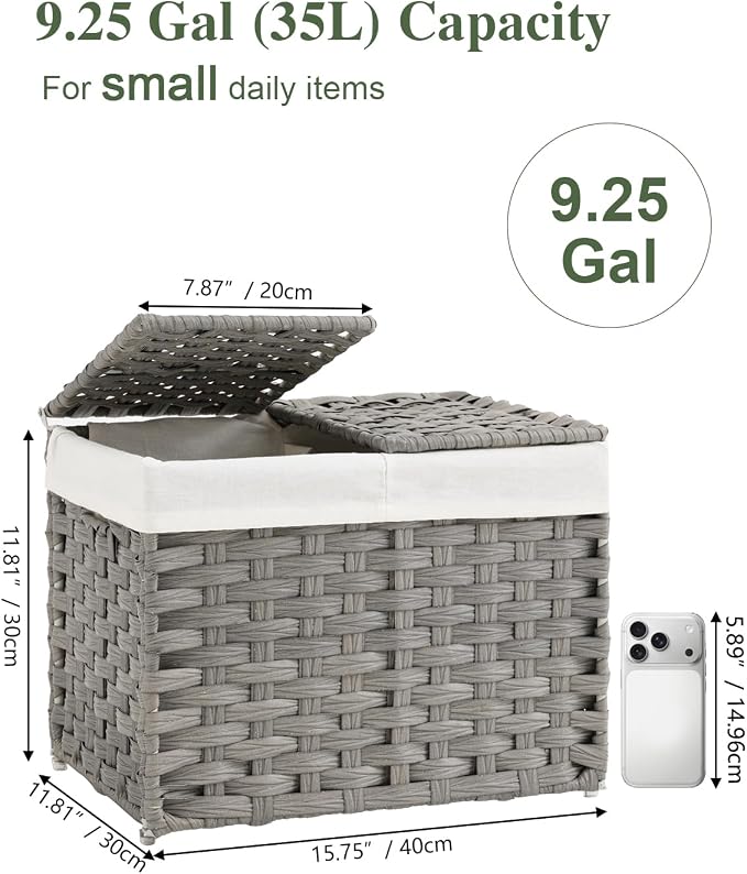 SETVSON Storage Basket with Lid, 9.2 Gal PE Rattan Trunk, Gray | Decorative PE Rattan Furniture Look for Bedroom, 2 Separate Lids, 2 Liners with Divider for Apparel & Essentials