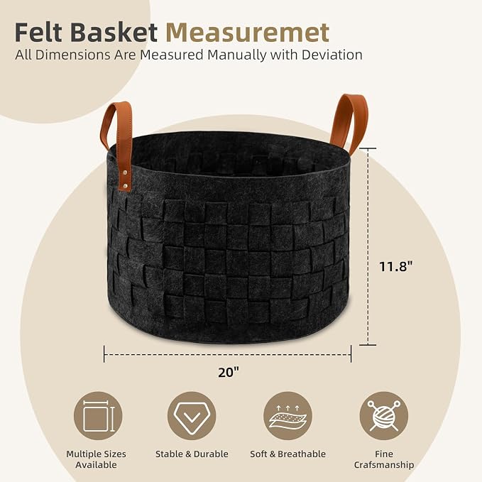 Laundry Basket 20 " x20 x11.8 , Large Round Blanket Basket with Leather Handle, Felt Storage Basket for Living Room, Nursery, Dog Toys-Dark Gray