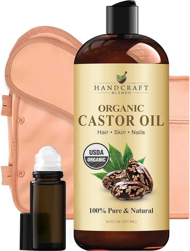 Handcraft Blends Castor Oil Pack Wrap | Organic Castor Oil 16 oz | Reusable Wraps | Roll on Bottle | Durable Comfortable Pack Wraps | Adjustable Elastic Straps| Neck and Stomach