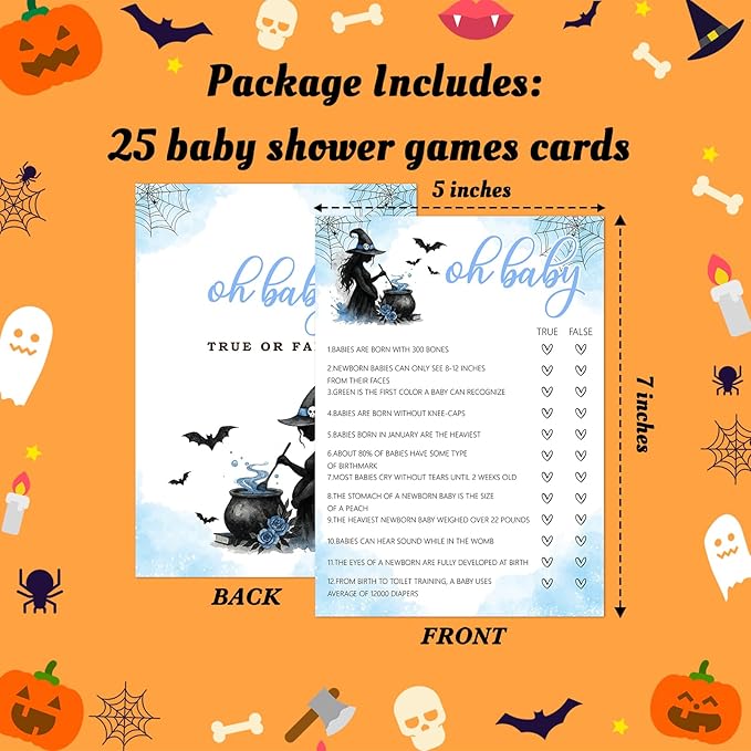 Hilarious Baby Shower Games, 25 Sets Halloween Oh Baby True or False + Answer Card, Blue Witch Gender Reveal Game Cards for Party Announcement Supplies - B06