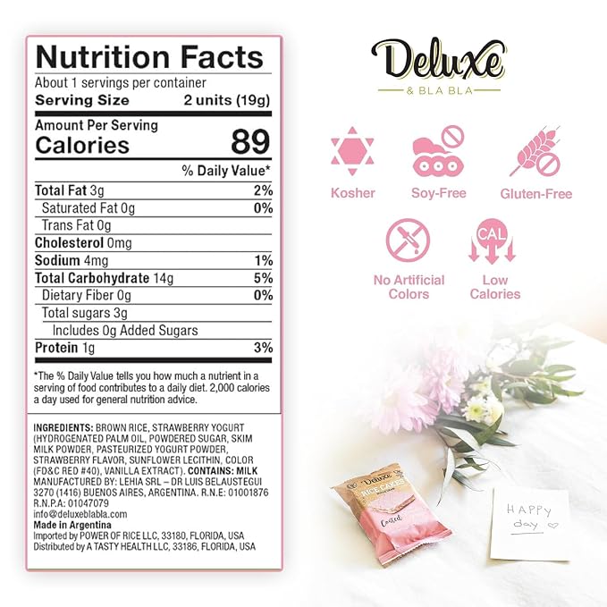 Deluxe & Bla Bla Rice Cakes 57 Pack – Whole Grain, Gluten-Free, Kosher, Low-Calorie Snack – Coated with Strawberry Yogurt – Healthy & Crunchy Treat – Individually Wrapped, (19g Each)