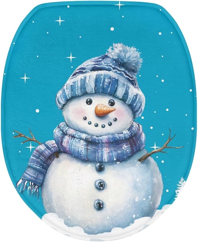 Blue Snowman Toilet Seat Cover,Elastic Edges Toilet Seat Covers for Xmas Bathroom Decoration Accessories,Machine Washable