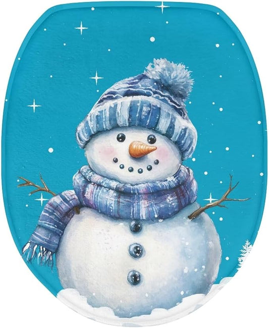 Blue Snowman Toilet Seat Cover,Elastic Edges Toilet Seat Covers for Xmas Bathroom Decoration Accessories,Machine Washable
