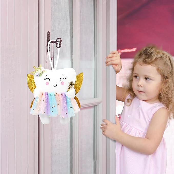 Tooth Fairy Pillow with Shiny Wings Embroidered Tooth Fairy Doll with Pocket Crystal Velvet Tooth Fairy Souvenir Boy Girl Gift (White) (Second Edition)