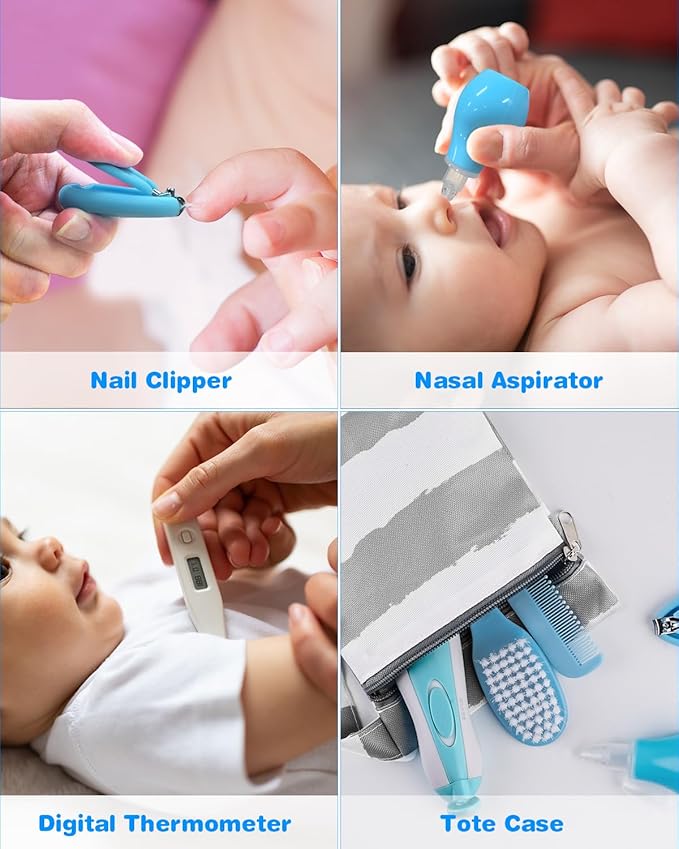 Baby Healthcare and Grooming Kit, 24 in 1 Baby Electric Nail Trimmer Set Newborn Nursery Health Care Set for Newborn Infant Toddlers Baby Boys Girls Kids Haircut Tools (0-3 Years+) (Blue)