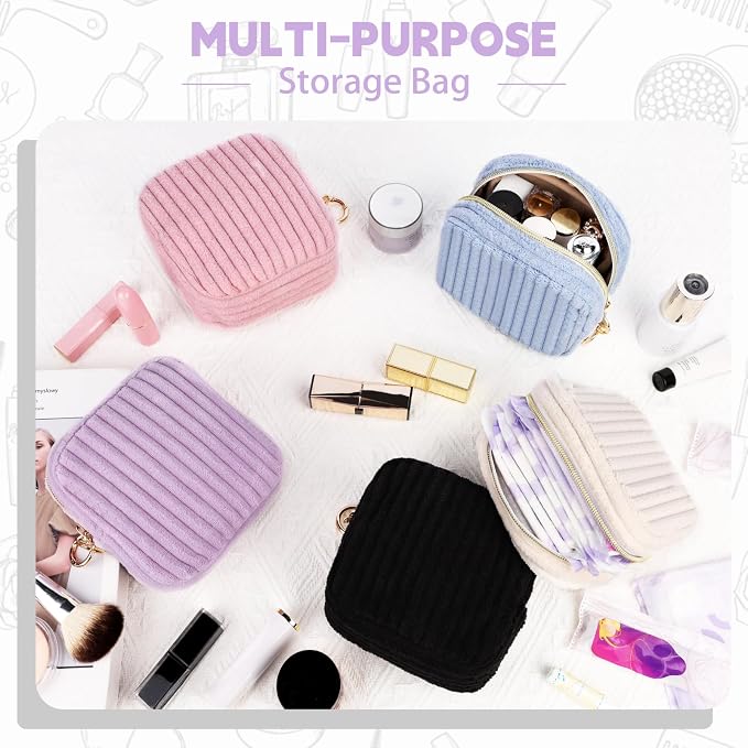 Period Bag for Teen Girls, Corduroy Sanitary Napkin Storage Bag, Fluffy Menstrual Pad PouchTampon Holder for Purse (Blue)