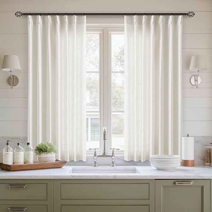 Natural Pinch Pleat Linen Kitchen Curtains 45 Inches Long 2 Panels Set | Basement Short Curtains for Small Bay Window, Cream Ivory, Pinch Pleated with Hooks Rings Back Tab, Thick Linen Semi Sheer