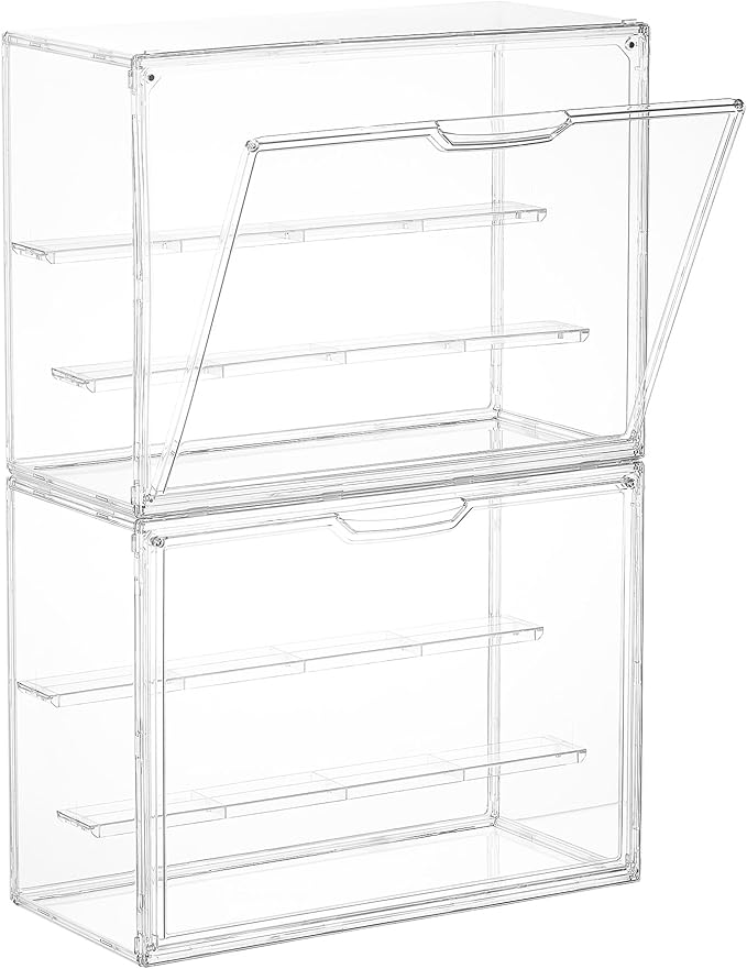 Vtopmart 2 Pack Acrylic Display Case, Stackable Figure Display Case with Magnetic Door & Adjustable Shelves, Clear Collectibles Showcase for Action Figures, Miniatures, Models