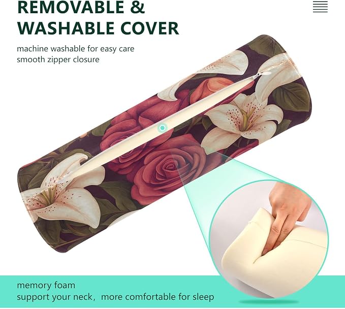 Roses and Lily Flowers Neck Roll Pillow Bolster Round Health Memory Foam Long Cervical Cylinder Pillows with Removable Washable Cover for Body Bed Legs Back Yoga