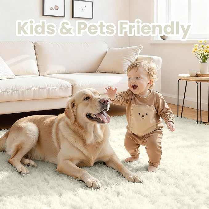 5x8 Area Rugs for Living Room: Soft Fluffy Shag Cream White Rugs for Bedroom, Non Slip Large Fuzzy Plush Rug Indoor Floor Carpet for Nursery Kids Boys Girls Room, Dorms, Playroom, Modern Home Decor