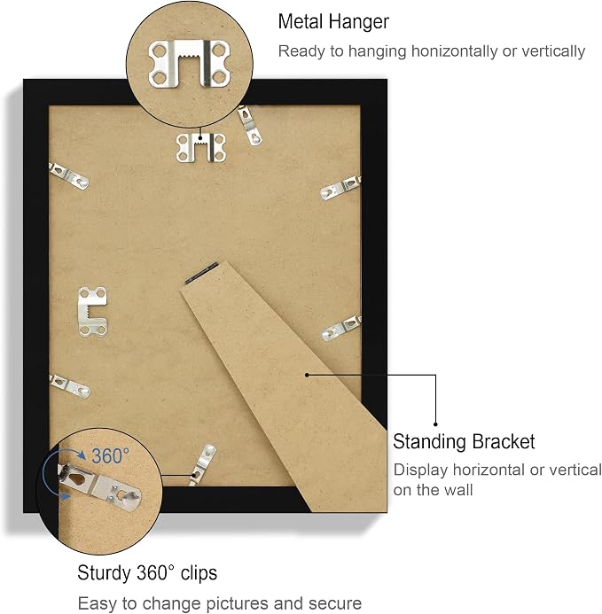 Hongkee 9x11 Picture Frame Set of 4, Made of Real Glass and Black Frame - Display Picture 7x9 with Mat or 9x11 Without Mat, 9 by 11 Photo for Wall or Tabletop