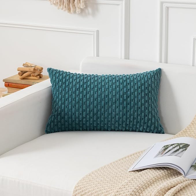 Kevin Textile Soft Corduroy 12"x20" Lumbar Pillow Cover 1 Pack, Teal Blue | Boho Stripe Plush Corduroy Decorative Oblong Cushion Cover Modern Farmhouse Home Decor for Sofa Couch Bed Chair