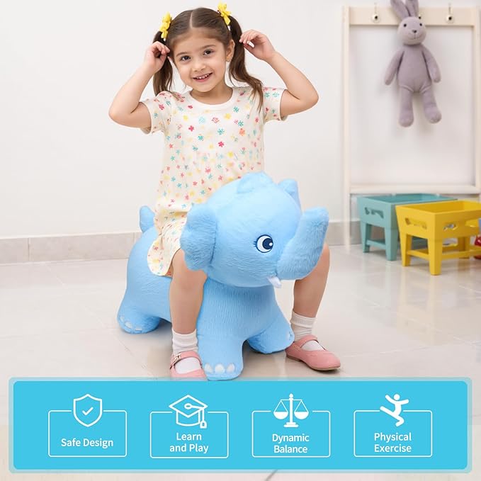 INPANY Bouncy Horse, Elephant Hopper Toys, Toddler Plush Bouncing Animal, Kids Inflatable Ride on Rubber Bouncer, Outdoor Birthday Gift for 2 3 4 Yr Boy Girl