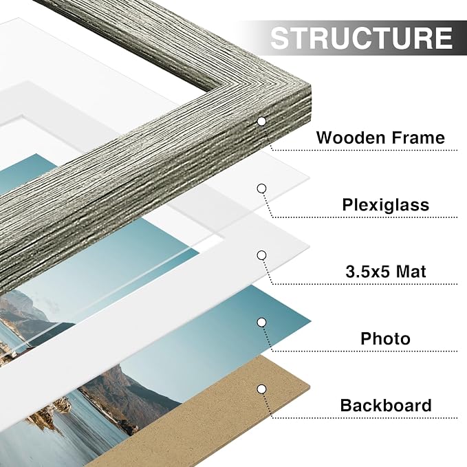 Vittanly 4x6 Picture Frames Set of 9 for Wall or Tabletop Display, Grey | Display Pictures 3.5x5 with Mat or 4x6 without Mat, Small Photo Frames, Engineered Wood with Shatter Resistant Plexiglass
