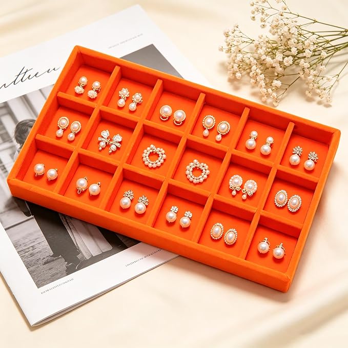 Velvet Jewelry Trays for Drawers, Orange 18 Grids | Stackable Jewelry Drawer Organizer Inserts, Ring Earring Holder Organizer Storage Display Tray with Removable Dividers