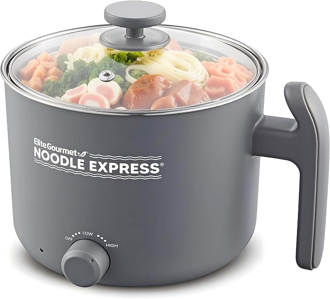 Elite Gourmet Noodle Express Electric Hot Pot, Stainless Steel, Grey | Prepares ramen, rice, soups & stews, boils water fast - glass lid - High/Low/Off settings